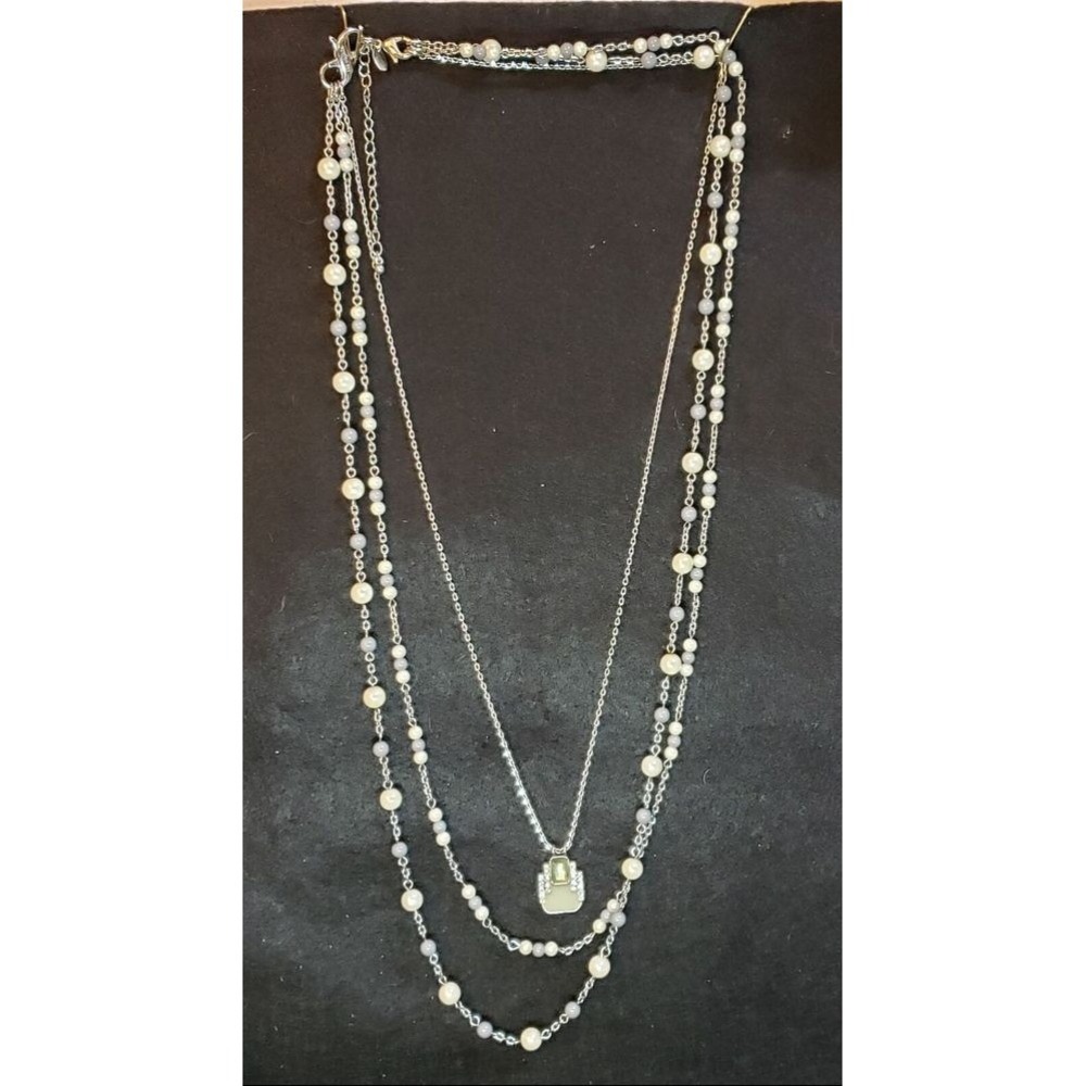 LOFT Necklace Womens OS Silver Layered Faux Pearl Geometric Pendant
